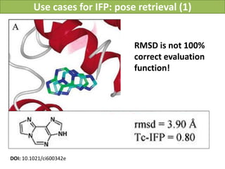 Use cases for IFP: pose retrieval (1)


                                RMSD is not 100%
                                correct evaluation
                                function!




DOI: 10.1021/ci600342e
                                 Vladimir Chupakhin, UNISTRA, 2011
 