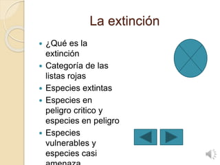 La extinción
 ¿Qué es la
extinción
 Categoría de las
listas rojas
 Especies extintas
 Especies en
peligro critico y
especies en peligro
 Especies
vulnerables y
especies casi
 