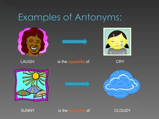 LAUGH  is the  opposite  of  CRY SUNNY    is the  opposite  of  CLOUDY 