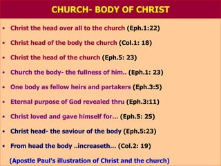 CHURCH- BODY OF CHRIST Christ the head over all to the church  (Eph.1:22) Christ head of the body the church  (Col.1: 18) Christ the head of the church  (Eph.5: 23) Church the body- the fullness of him..  (Eph.1: 23) One body as fellow heirs and partakers  (Eph.3:5) Eternal purpose of God revealed thru  (Eph.3:11) Christ loved and gave himself for…  (Eph.5: 25) Christ head- the saviour of the body  (Eph.5:23) From head the body ..increaseth…  (Col.2: 19) (Apostle Paul’s illustration of Christ and the church) 