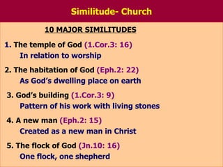 Similitude- Church 10 MAJOR SIMILITUDES 1.  The temple of God   (1.Cor.3: 16) In relation to worship   2. The habitation of God  (Eph.2: 22) As God’s dwelling place on earth 3.   God’s building   (1.Cor.3: 9) Pattern of his work with living stones 4. A new man   (Eph.2: 15) Created as a new man in Christ 5. The flock of God  (Jn.10: 16) One flock, one shepherd 