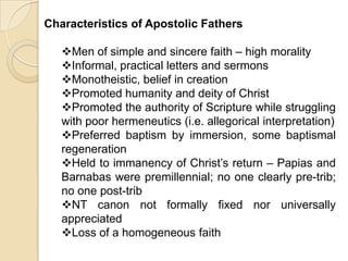 writings of Jerome and Augustine (early 400s)Chronologically Covers the era of leadership in which the Church was led by individuals personally chosen and trained by Jesus Christ. Eusebius ( ca. 260 to ca. 340) claims that the apostle John lived to see the reign of Emperor Trajan (r. 98-117). Experientially Church experiences purest expression, most dramatic influence Direct stamp of Jesus’ personal influence upon leadership Miraculous gifts of Holy Spirit Touchstone of contemporary Church 