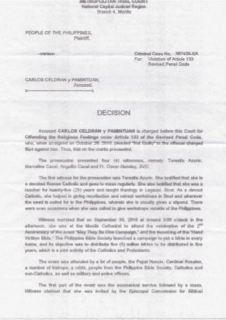Decision of Metropolitan Manila Court Judge Juan Bermejo Jr. in the case against Carlos Celdran - thanks to Prof. Oscar Franklin Tan for sharing this