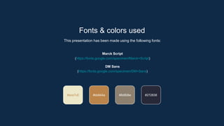 Fonts & colors used
This presentation has been made using the following fonts:
Marck Script
(https://fonts.google.com/specimen/Marck+Script)
DM Sans
(https://fonts.google.com/specimen/DM+Sans)
#bb844a #8d806e #272838
#ece7c8
 
