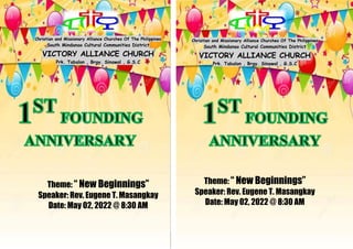 Christian and Missionary Alliance Churches Of The Philippines
South Mindanao Cultural Communities District
VICTORY ALLIANCE CHURCH
Prk. Tabalon , Brgy. Sinawal , G.S.C
Theme: “ New Beginnings”
Speaker: Rev. Eugene T. Masangkay
Date: May 02, 2022 @ 8:30 AM
Christian and Missionary Alliance Churches Of The Philippines
South Mindanao Cultural Communities District
VICTORY ALLIANCE CHURCH
Prk. Tabalon , Brgy. Sinawal , G.S.C
Theme: “ New Beginnings”
Speaker: Rev. Eugene T. Masangkay
Date: May 02, 2022 @ 8:30 AM
 