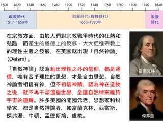 浪漫
時代
啟蒙時代(理性時代)
1650-1820年
1600 1620 1640 1660 1680 1700 1720 1740 1760 1780 1800 1820 1840
改教時代
1517-1650年
在宗教方面，由於人們對宗教戰爭時代的狂熱和
殘酷，而產生的道德上的反感，大大促進宗教上
的理性主義之發展，在英國就出現「自然神論」
(Deism)。
「自然神論」認為超出理性之外的信仰，都是迷
信，唯有合乎理性的思想，才是自由思想。自然
神論者相信有神，但不相信神蹟，認為神在造物
之後，就不再干涉這個世界，全讓自然律來維持
宇宙的運轉。許多美國的開國元老、思想家和科
學家，都是自然神論者，如富蘭克林、亞當斯、
傑弗遜、牛頓、孟德斯鳩、盧梭。
富蘭克林
傑弗遜
 