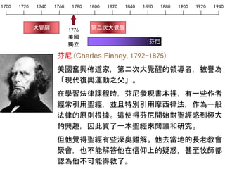 1700 1720 1740 1760 1780 1800 1820 1840 1860 1880 1900 1920 1940
1776
美國
獨立
第二次大覺醒大覺醒
芬尼
芬尼(Charles Finney,1792-1875)
美國奮興佈道家，第二次大覺醒的領導者，被譽為
「現代復興運動之父」。
在學習法律課程時，芬尼發現書本裡，有一些作者
經常引用聖經，並且特別引用摩西律法，作為一般
法律的原則根據。這使得芬尼開始對聖經感到極大
的興趣，因此買了一本聖經來閱讀和研究。
但他覺得聖經有些深奧難解。他去當地的長老教會
聚會，也不能解答他在信仰上的疑惑，甚至牧師都
認為他不可能得救了。
 