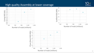 32
High	quality	Assembly	at	lower	coverage
102
104
106
108
110
112
114
116
118
120
122
500 700 900 1,100 1,300
Contig	N50	(kb)
Number	of	reads	(millions)
0
5
10
15
20
25
500 700 900 1,100 1,300
Scaffold	N50	(Mb)
Number	of	reads	(millions)
0
0.5
1
1.5
2
2.5
3
3.5
4
4.5
5
500 700 900 1,100 1,300
Phase	Block	N50	(Mb)
Number	of	reads	(millions)
 