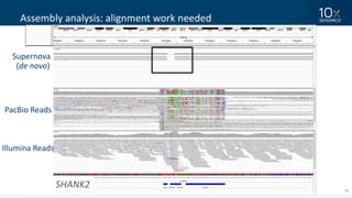 46
Assembly	analysis:	alignment	work	needed
SHANK2
Supernova
(de	novo)	
PacBio Reads
Illumina	Reads
 
