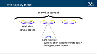 49
Fasta is	a	lossy format
megabubble megabubble megabubble
multi-Mb
phase	blocks
many	Mb	scaffold
micro	structure
• bubbles,	often	at	indeterminate	poly-A
• short	gaps,	often	at	poly-A
 