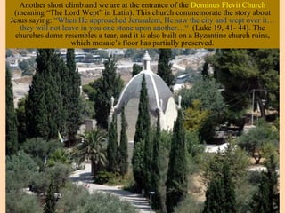 Another short climb and we areandthe entrance of the Dominus Flevitlatticed
     The churches tear like dome at the humble hall beneath it with a Church
 (meaning “The Lord Wept” in Latin). This church commemorate the story about
                         window viewing the Temple Mount.
Jesus saying: “When He approached Jerusalem, He saw the city and wept over it…
   they will not leave in you one stone upon another…“ (Luke 19, 41- 44). The
  churches dome resembles a tear, and it is also built on a Byzantine church ruins,
                    which mosaic’s floor has partially preserved.
 