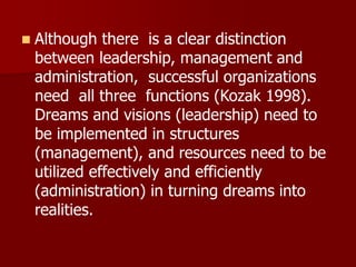 ◼ Although there is a clear distinction
between leadership, management and
administration, successful organizations
need all three functions (Kozak 1998).
Dreams and visions (leadership) need to
be implemented in structures
(management), and resources need to be
utilized effectively and efficiently
(administration) in turning dreams into
realities.
 