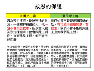 加爾文主義 亞民念主義
因為預定揀選，是按照神的旨
意，一個被神揀選的人，他一
定不會失去救恩。所以當人被
神預定揀選時，他會跟隨主到
底，直到他見主面，他不會半
途而廢
所以弟兄們，應當更加殷勤，使你們
所蒙的恩召和揀選堅定不移，你們若
行這幾樣，就永不失腳。（彼後1:10）
我的羊聽我的聲音，我也認識他們，
他們也跟著我。我又賜給他們永生；
他們永不滅亡，誰也不能從我手裡把
他們奪去。（約10:27-28）
我們如果不緊緊跟隨耶穌的
話，有可能中途離開主、背
信主，我們不會不斷的跟隨
主直到我們見主面。
論到那些已經蒙了光照、嘗過天
恩的滋味、又於聖靈有分，並嘗
過神善道的滋味、覺悟來世權能
的人，若是離棄道理，就不能叫
他們從新懊悔了。因為他們把神
的兒子重釘十字架，明明的羞辱
他。（來6:4-6）
救恩的保證
 