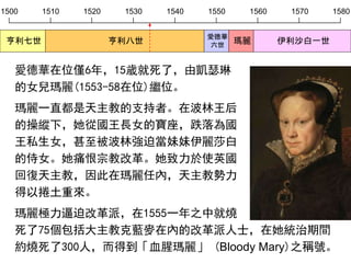1500 1510 1520 1530 1540 1550 1560 1570 1580
亨利七世 亨利八世
愛德華
六世
瑪麗 伊利沙白一世
愛德華在位僅6年，15歲就死了，由凱瑟琳
的女兒瑪麗(1553-58在位)繼位。
瑪麗一直都是天主教的支持者。在波林王后
的操縱下，她從國王長女的寶座，跌落為國
王私生女，甚至被波林強迫當妹妹伊麗莎白
的侍女。她痛恨宗教改革。她致力於使英國
回復天主教，因此在瑪麗任內，天主教勢力
得以捲土重來。
瑪麗極力逼迫改革派，在1555一年之中就燒
死了75個包括大主教克藍麥在內的改革派人士，在她統治期間
約燒死了300人，而得到「血腥瑪麗」 (Bloody Mary)之稱號。
 