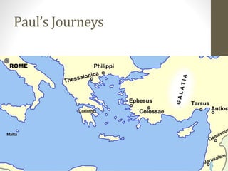Mission Impossible
• All apostles go out to accomplish what
Jesus asked of them: make disciples of all
nations.
• Ironically, the Roman Empire which killed
Jesus provided many aids to evangelization
• Common language (Greek)
• Established trade routes
• Rule of law
 