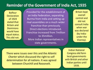 Provided for the establishment of
an India Federation, separating
Burma from India and setting up
rival assemblies on a much wider
franchise than previously.
Direct elections introduced.
Franchise increased from 7million
to 35million.
More Indian representatives in
state governments.
Balfour
Declaration
of 1924
stated that
Britain and
Dominions
would have
equal status.
This did not.
Britain kept
overall
control and
did not
consult India
when war
was declared
(by India-
under the
Viceroy).
There were issues over this and the Atlantic
Charter which discussed the right to self
determination for all nations. It was agreed
between Churchill and Roosevelt.
Indian National
Congress did form
local governments
with British and other
Indian parties until
1939.
 