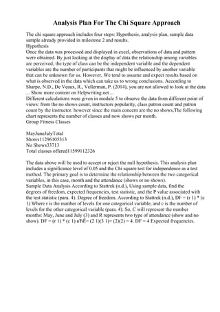 Analysis Plan For The Chi Square Approach
The chi square approach includes four steps: Hypothesis, analysis plan, sample data
sample already provided in milestone 2 and results.
Hypothesis
Once the data was processed and displayed in excel, observations of data and pattern
were obtained. By just looking at the display of data the relationship among variables
are perceived; the type of class can be the independent variable and the dependent
variables are the number of participants that might be influenced by another variable
that can be unknown for us. However, We tend to assume and expect results based on
what is observed in the data which can take us to wrong conclusions. According to
Sharpe, N.D., De Veaux, R., Vellerman, P. (2014), you are not allowed to look at the data
... Show more content on Helpwriting.net ...
Different calculations were given in module 5 to observe the data from different point of
views: from the no shows count, instructors popularity, class patron count and patron
count by the instructor. however since the main concern are the no shows,The following
chart represents the number of classes and now shows per month.
Group Fitness Classes
MayJuneJulyTotal
Shows11296105313
No Shows33713
Total classes offered11599112326
The data above will be used to accept or reject the null hypothesis. This analysis plan
includes a significance level of 0.05 and the Chi square test for independence as a test
method. The primary goal is to determine the relationship between the two categorical
variables, in this case, month and the attendance (shows or no shows).
Sample Data Analysis According to Stattrek (n.d.), Using sample data, find the
degrees of freedom, expected frequencies, test statistic, and the P value associated with
the test statistic (para. 4). Degree of freedom. According to Stattrek (n.d.), DF = (r 1) * (c
1) Where r is the number of levels for one categorical variable, and c is the number of
levels for the other categorical variable (para. 4). So, C will represent the number
months: May, June and July (3) and R represents two type of attendance (show and no
show). DF = (r 1) * (c 1) вЂЁ= (2 1)(3 1)= (2)(2) = 4. DF = 4 Expected frequencies.
 