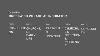 GREENWICH VILLAGE AS INCUBATOR
Dr. Lori Kent
PART 1 _
INTRODUCTI
ON
PART 3 _
CHURCHILL
S
CONTEXT
PART 2 _
CHURCHIL
LS
EARLY
LIFE
PART 5 _
CONCLUSI
ON
PART 4 _
CHURCHIL
LS
DIRECTION
&
INFLUENC
E
 