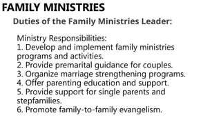 Ministry Responsibilities:
1. Develop and implement family ministries
programs and activities.
2. Provide premarital guidance for couples.
3. Organize marriage strengthening programs.
4. Offer parenting education and support.
5. Provide support for single parents and
stepfamilies.
6. Promote family-to-family evangelism.
FAMILY MINISTRIES
Duties of the Family Ministries Leader:
 