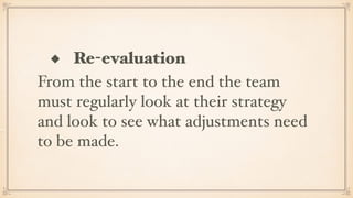 ◆ Re-evaluation
From the start to the end the team
must regularly look at their strategy
and look to see what adjustments need
to be made.
 