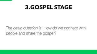 3.GOSPEL STAGE
The basic question is: How do we connect with
people and share the gospel?
 