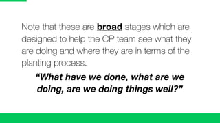 Note that these are broad stages which are
designed to help the CP team see what they
are doing and where they are in terms of the
planting process.
“What have we done, what are we
doing, are we doing things well?”
 