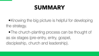 SUMMARY
	 •	Knowing the big picture is helpful for developing
the strategy.
	 •	The church-planting process can be thought of
as six stages (pre-entry, entry, gospel,
discipleship, church and leadership).
 