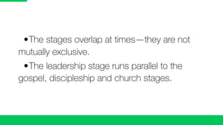 •	The stages overlap at times—they are not
mutually exclusive.
	 •	The leadership stage runs parallel to the
gospel, discipleship and church stages.
 