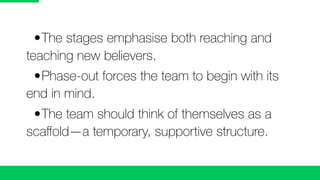 •	The stages emphasise both reaching and
teaching new believers.
	 •	Phase-out forces the team to begin with its
end in mind.
	 •	The team should think of themselves as a
scaﬀold—a temporary, supportive structure.
 