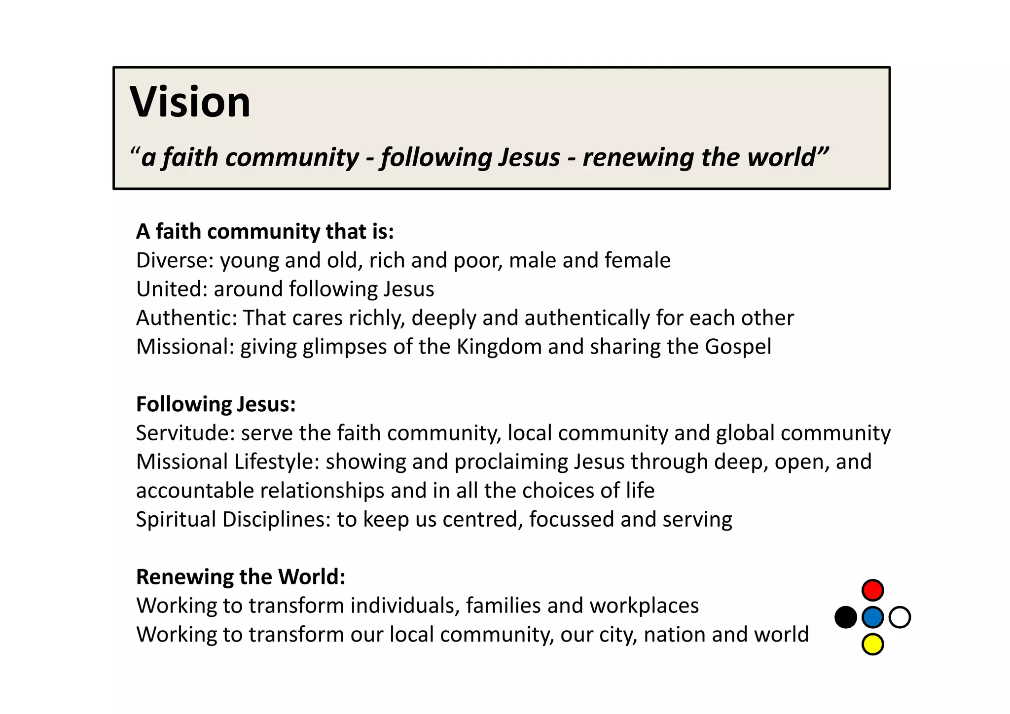 Vision
“a faith community - following Jesus - renewing the world”

A faith community that is:
Diverse: young and old, rich and poor, male and female
United: around following Jesus
Authentic: That cares richly, deeply and authentically for each other
Missional: giving glimpses of the Kingdom and sharing the Gospel

Following Jesus:
Servitude: serve the faith community, local community and global community
Missional Lifestyle: showing and proclaiming Jesus through deep, open, and
accountable relationships and in all the choices of life
Spiritual Disciplines: to keep us centred, focussed and serving

Renewing the World:
Working to transform individuals, families and workplaces
Working to transform our local community, our city, nation and world
 