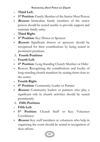 Understanding Church Protocol and Etiquette
62
o Third Left:
 3rd
Position: Family Member of the Senior Most Person
 Reason: Immediate family members of the senior
person should be seated nearby to provide support and
maintain family unity.
o Third Right:
 3rd
Position: Key Donor or Sponsor
 Reason: Significant donors or sponsors should be
recognized for their contributions by being seated in
prominent positions.
5. Fourth Positions
o Fourth Left:
 4th
Position: Long-Standing Church Member or Elder
 Reason: Recognizing the contributions and loyalty of
long-standing church members by seating them close to
the center.
o Fourth Right:
 4th
Position: Community Leader or Partner
 Reason: Community leaders or partners who play a
significant role in church activities should be seated
prominently.
6. Fifth Positions
o Fifth Left:
 5th
Position: Church Staff or Key Volunteer
Coordinator
 Reason: Key staff members or volunteers who help in
organizing the event should be seated in recognition of
their efforts.
 