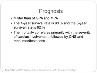 Prognosis
 Milder than of GPA and MPA
 The 1-year survival rate is 90 % and the 5-year
survival rate is 62 %
 The mortality correlates primarily with the severity
of cardiac involvement, followed by CNS and
renal manifestations
Stübiger, N., & Zierhut, M. (2016). Churg-Strauss Syndrome. In Intraocular Inflammation (pp. 761-765). Springer Berlin Heidelberg.
 