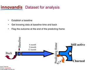 Hugo Cisternas
Director innovandis
hcisternas@innovandis.org
Dataset for analysis
• Establish a baseline
• Get knowing data at baseline time and back
• Flag the outcome at the end of the predicting frame
Baseline
Predictingframe
Still active
Churned
6 month
9 month
12 month
¿?
Back
 