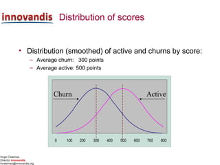 Hugo Cisternas
Director innovandis
hcisternas@innovandis.org
0 100 200 300 400 500 600 700 800
Distribution of scores
• Distribution (smoothed) of active and churns by score:
– Average churn: 300 points
– Average active: 500 points
ActiveChurn
 