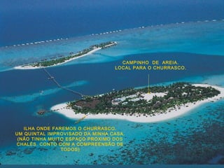 ILHA ONDE FAREMOS O CHURRASCO.
UM QUINTAL IMPROVISADO DA MINHA CASA.
(NÃO TINHA MUITO ESPAÇO PRÓXIMO DOS
CHALÉS. CONTO COM...