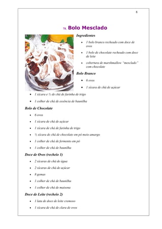 8




                            78.   Bolo Mesclado
                                         Ingredientes
                                             •   1 bolo branco recheado com doce de
                                                 ovos
                                             •   1 bolo de chocolate recheado com doce
                                                 de leite
                                             •   cobertura de marshmallow “mesclado”
                                                 com chocolate

                                         Bolo Branco
                                             •   6 ovos

                                             •   1 xícara de chá de açúcar

   •   1 xícara e ½ de chá de farinha de trigo

   •   1 colher de chá de essência de baunilha

Bolo de Chocolate
   •   6 ovos

   •   1 xícara de chá de açúcar

   •   1 xícara de chá de farinha de trigo

   •   ½ xícara de chá de chocolate em pó meio amargo

   •   1 colher de chá de fermento em pó

   •   1 colher de chá de baunilha

Doce de Ovos (recheio 1)
   •   2 xícaras de chá de água

   •   2 xícaras de chá de açúcar

   •   8 gemas

   •   1 colher de chá de baunilha

   •   1 colher de chá de maisena

Doce de Leite (recheio 2)
   •   1 lata de doce de leite cremoso

   •   1 xícara de chá de clara de ovos
 