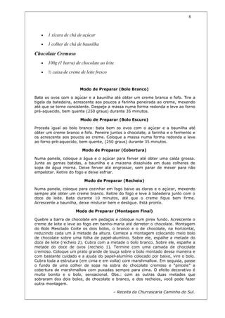 8



   •   1 xícara de chá de açúcar

   •   1 colher de chá de baunilha

Chocolate Cremoso
   •   100g (1 barra) de chocolate ao leite

   •   ½ caixa de creme de leite fresco


                        Modo de Preparar (Bolo Branco)

Bata os ovos com o açúcar e a baunilha até obter um creme branco e fofo. Tire a
tigela da batedeira, acrescente aos poucos a farinha peneirada ao creme, mexendo
até que se torne consistente. Despeje a massa numa forma redonda e leve ao forno
pré-aquecido, bem quente (250 graus) durante 35 minutos.

                        Modo de Preparar (Bolo Escuro)

Proceda igual ao bolo branco: bata bem os ovos com o açúcar e a baunilha até
obter um creme branco e fofo. Peneire juntos o chocolate, a farinha e o fermento e
os acrescente aos poucos ao creme. Coloque a massa numa forma redonda e leve
ao forno pré-aquecido, bem quente, (250 graus) durante 35 minutos.

                         Modo de Preparar (Cobertura)

Numa panela, coloque a água e o açúcar para ferver até obter uma calda grossa.
Junte as gemas batidas, a baunilha e a maizena dissolvida em duas colheres de
sopa de água morna. Deixe ferver até engrossar, sem parar de mexer para não
empelotar. Retire do fogo e deixe esfriar.

                          Modo de Preparar (Recheio)

Numa panela, coloque para cozinhar em fogo baixo as claras e o açúcar, mexendo
sempre até obter um creme branco. Retire do fogo e leve à batedeira junto com o
doce de leite. Bata durante 10 minutos, até que o creme fique bem firme.
Acrescente a baunilha, deixe misturar bem e desligue. Está pronto.

                      Modo de Preparar (Montagem Final)

Quebre a barra de chocolate em pedaços e coloque num pirex fundo. Acrescente o
creme de leite e leve ao fogo em banho-maria até derreter o chocolate. Montagem
do Bolo Mesclado Corte os dois bolos, o branco e o de chocolate, na horizontal,
reduzindo cada um à metade da altura. Comece a montagem colocando meio bolo
de chocolate sobre uma folha de papel-alumínio. Sobre ele, espalhe a metade do
doce de leite (recheio 2). Cubra com a metade o bolo branco. Sobre ele, espalhe a
metade do doce de ovos (recheio 1). Termine com uma camada de chocolate
cremoso. Coloque um prato grande de louça sobre o bolo montado dessa maneira e
com bastante cuidado e a ajuda do papel-alumínio colocado por baixo, vire o bolo.
Cubra toda a estrutura (em cima e em volta) com marshmallow. Em seguida, passe
o fundo de uma colher de sopa na sobra do chocolate cremoso e “pincele” a
cobertura de marshmallow com puxadas sempre para cima. O efeito decorativo é
muito bonito e o bolo, sensacional. Obs.: com as outras duas metades que
sobraram dos dois bolos, de chocolate e branco, e dos recheios, você pode fazer
outra montagem.

                                          – Receita da Churrascaria Caminho do Sul.
 