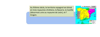 Au XVème siècle, le territoire espagnol est divisé 
en trois royaumes chrétiens, la Navarre, la Castille 
(désormais unie au royaume de León), et l’ 
Aragon. 
 