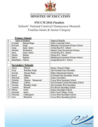 The finalists for the National Schools' Carnival Chutney Soca Monarch 2016
