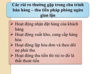Các rủi ro thường gặp trong chu trình 
bán hàng – thu tiền pháp phòng ngừa 
gian lận 
 Hoạt động nhận đặt hàng của khách 
hàng 
 Hoạt động xuất kho, cung cấp hàng 
hóa 
 Hoạt động lập hóa đơn và theo dõi 
nợ phải thu 
 Hoạt động thu tiền thì rủi ro đó là 
thất thoát tiền 
 