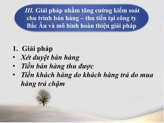 III. Giải pháp nhằm tăng cường kiểm soát 
chu trình bán hàng – thu tiền tại công ty 
Bắc Âu và mô hình hoàn thiện giải pháp 
1. Giải pháp 
• Xét duyệt bán hàng 
• Tiền bán hàng thu được 
• Tiền khách hàng do khách hàng trả do mua 
hàng trả chậm 
 