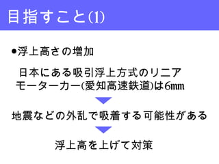 目指すこと(1)
日本にある吸引浮上方式のリニア
モーターカー(愛知高速鉄道)は6mm
地震などの外乱で吸着する可能性がある
浮上高を上げて対策
●浮上高さの増加
 