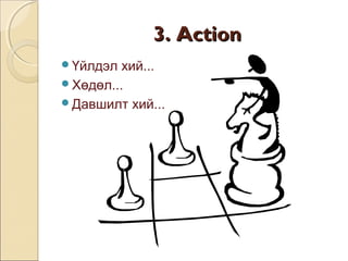 33.. AAccttiioonn 
Үйлдэл хий... 
Хөдөл... 
Давшилт хий... 
 