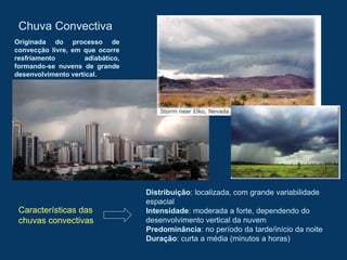 Chuva Convectiva
Originada do processo de
convecção livre, em que ocorre
resfriamento adiabático,
formando-se nuvens de grande
desenvolvimento vertical.
Características das
chuvas convectivas
Distribuição: localizada, com grande variabilidade
espacial
Intensidade: moderada a forte, dependendo do
desenvolvimento vertical da nuvem
Predominância: no período da tarde/início da noite
Duração: curta a média (minutos a horas)
 