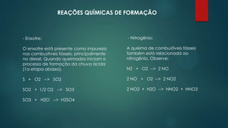 REAÇÕES QUÍMICAS DE FORMAÇÃO

- Enxofre:

- Nitrogênio:

O enxofre está presente como impureza
nos combustíveis fósseis, principalmente
no diesel. Quando queimados iniciam o
processo de formação da chuva ácida
(1a etapa abaixo).

A queima de combustíveis fósseis
também está relacionada ao
nitrogênio. Observe:

S + O2 --> SO2

2 NO + O2 --> 2 NO2

SO2 + 1/2 O2 --> SO3

2 NO2 + H2O --> HNO2 + HNO3

SO3 + H2O --> H2SO4

N2 + O2 --> 2 NO

 
