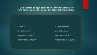 5) Estudo prático da água coletada em Santos nos canais 3 e do
porto com comparação e análise dos dados das duas amostras.

Canal 3:

Canal do Porto:

pH- entre 6 e 7

pH- entre 7 e 6

Temperatura- 21 C’

Temperatura- 21C’

Densidade- 0,73 g/ml

Densidade- 1,01 g/mL

 