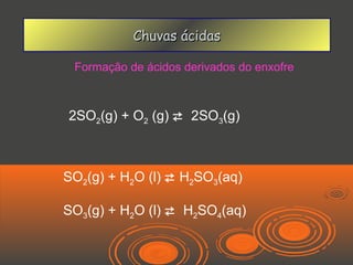 Chuvas ácidas

 Formação de ácidos derivados do enxofre



2SO2(g) + O2 (g)  2SO3(g)



SO2(g) + H2O (l)  H2SO3(aq)

SO3(g) + H2O (l)  H2SO4(aq)
 