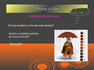 Chuvas ácidas
                                        SOx, NOx
                Acidificação da chuva

Chuvas ácidas ou chuvas mais ácidas?


Qual é o carácter químico
da chuva normal?

 Porquê?
 