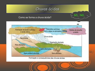 Chuvas ácidas
                               SOx, NOx
Como se forma a chuva ácida?
 