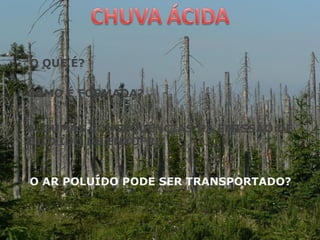 O QUE É?
COMO É FORMADA?
ALGUMAS CONSEQUÊNCIAS DA EMISSÃO DE
DIÓXIDO DE ENXOFRE.
O AR POLUÍDO PODE SER TRANSPORTADO?
 